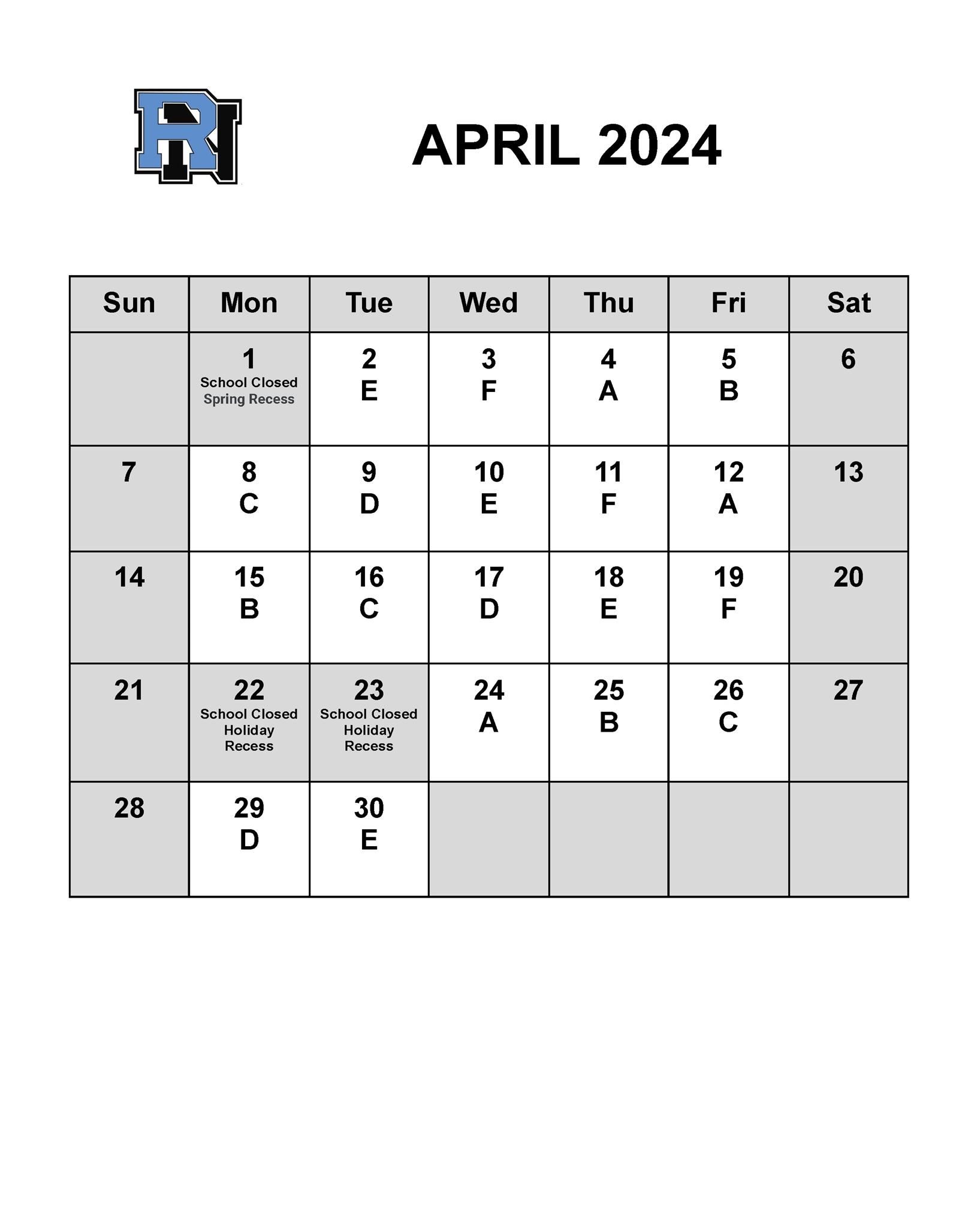 April Letter Day Calendar